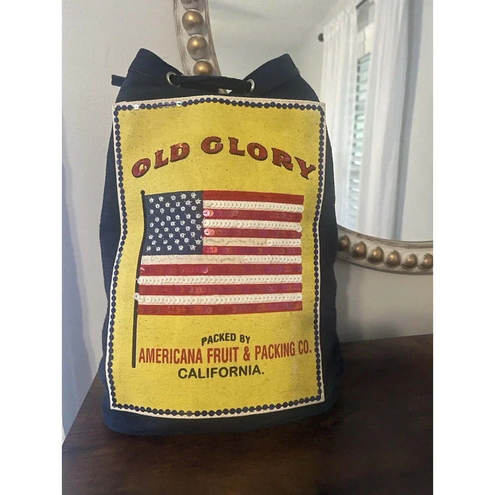 Americana Fruit Packing Co‎ Sequin Flag Canvas Drawstring Backpack