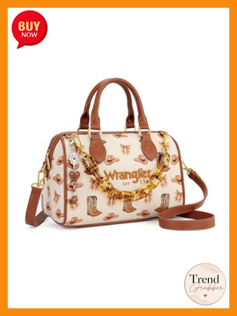 Canvas Satchel Bag with Chain Strap Western Print