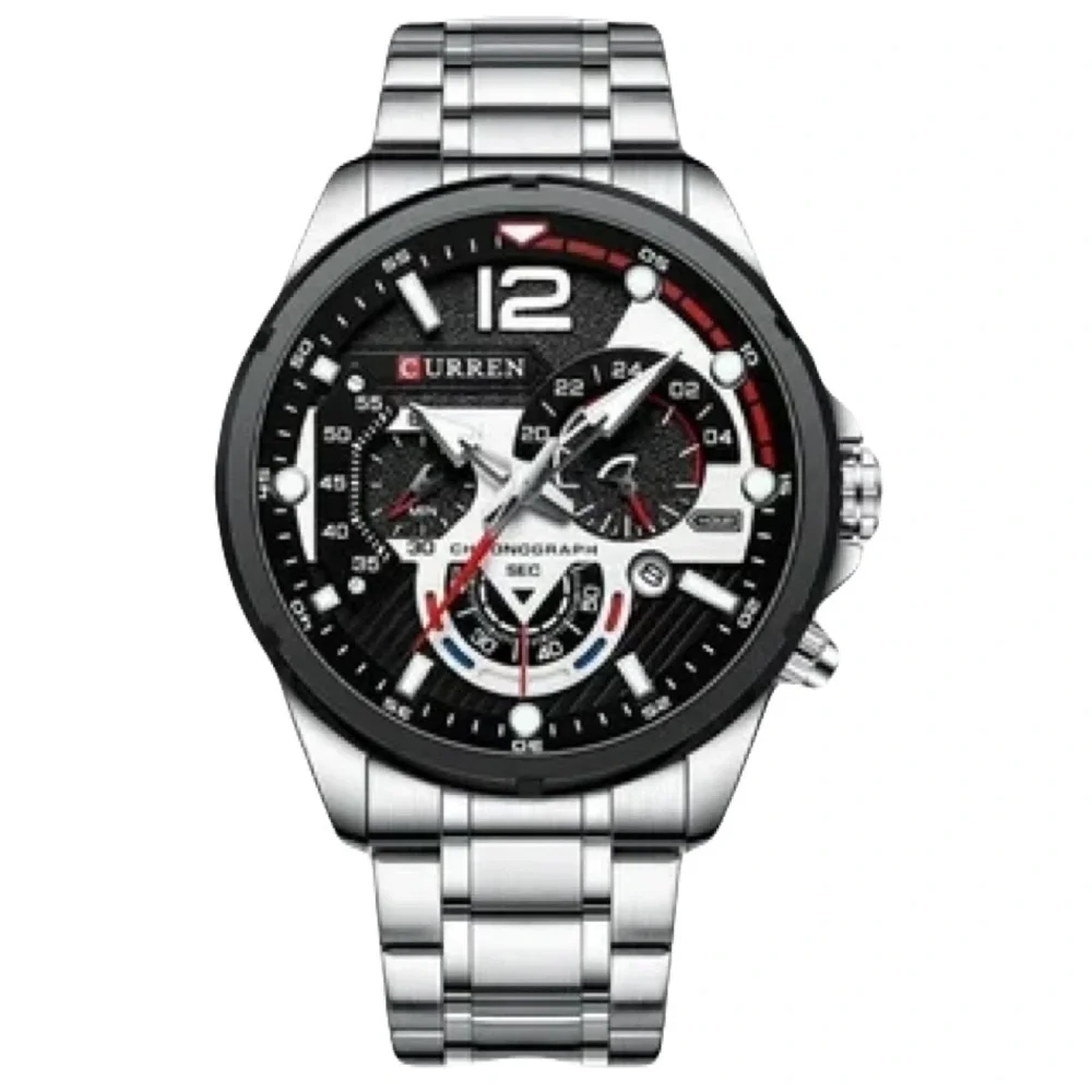 New Silver Chronograph Mens Sport Quartz Waterproof Luxury Stainless Steel Watch