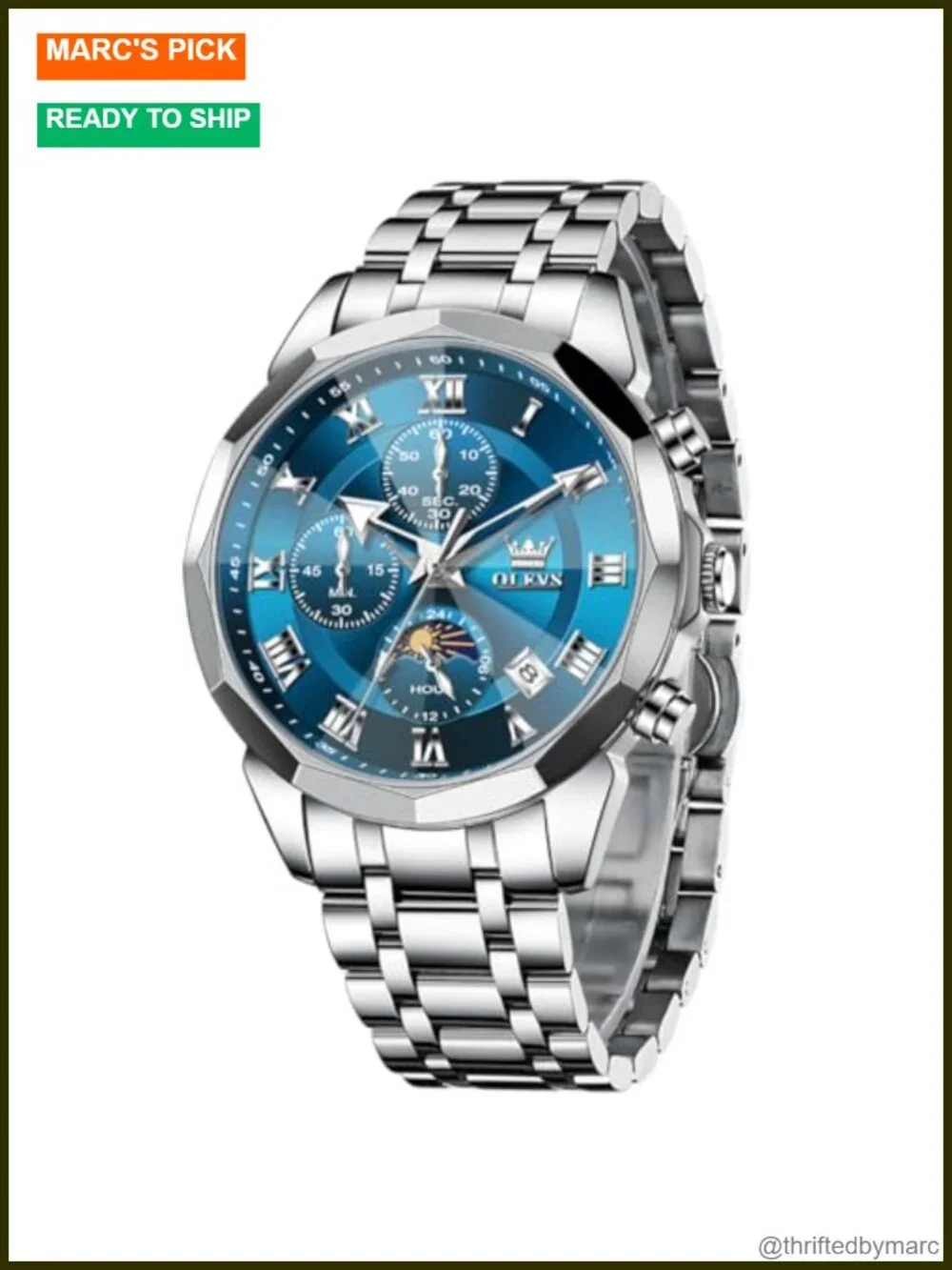 Luxury Chronograph Moon Phase Waterproof Stainless Steel Watch with Day-Date
