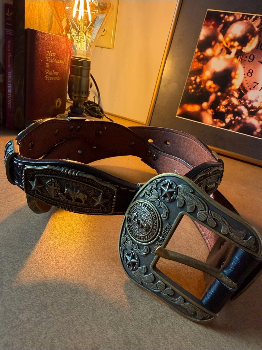 NWOT West Star Texas Western Brown Leather Belt with Ornate Antique Brass Buckle