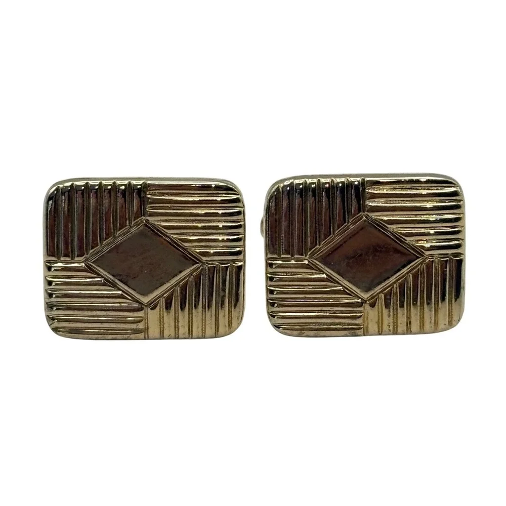 Cufflinks Mens OS Gold Textured Art Deco Diamond Pattern Rectangle Vintage