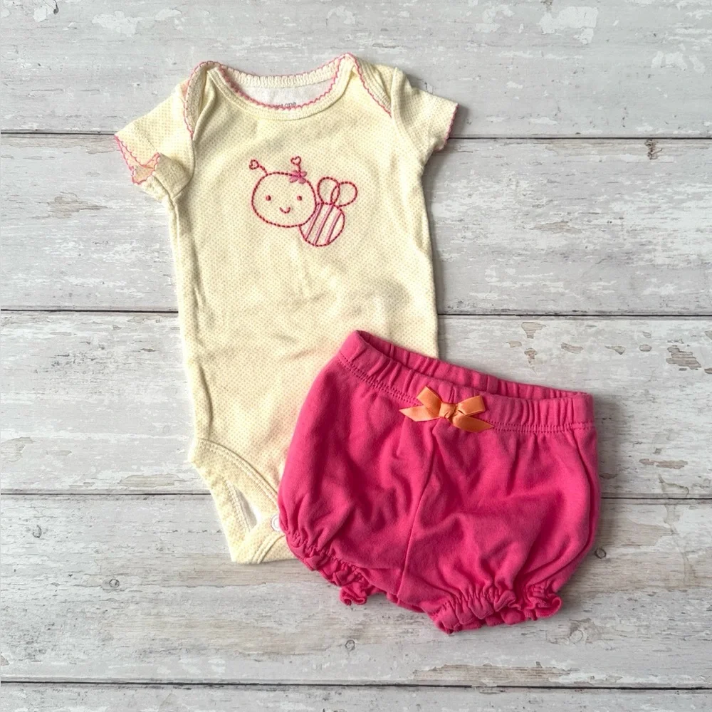 Baby Girl Newborn Summee Outfit Pink Shorts Cotton Onesie Bumblebee Size NB
