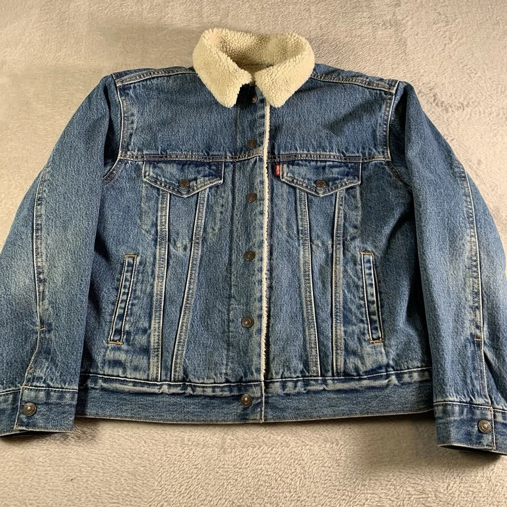 Levis Denim‎ Jacket Premium Mens Small Blue Denim Sherpa Lined Snap Button Big E