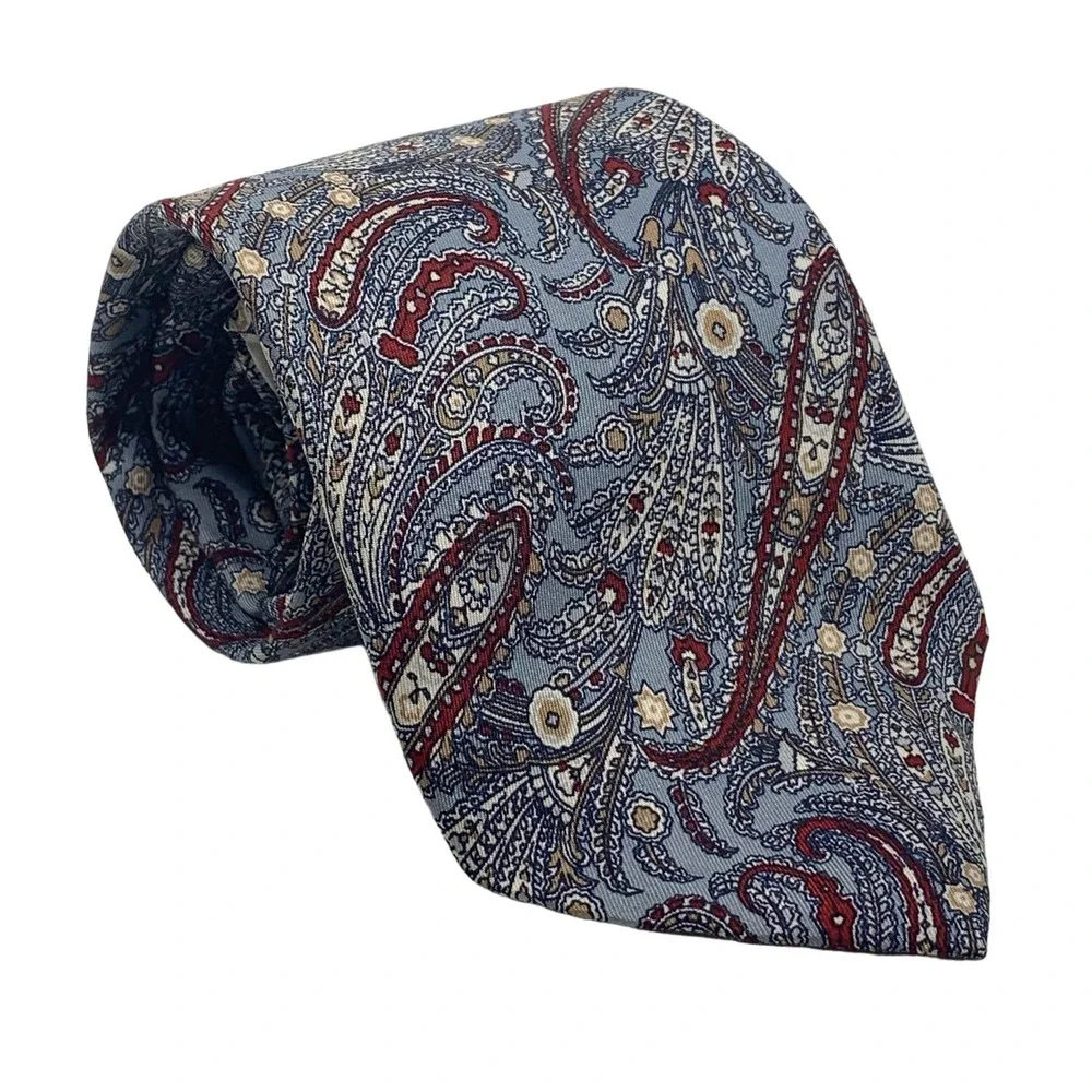 Saks Fifth Avenuel Men's Silk Tie Necktie Blue Red Tan Cream Paisley Floral‎