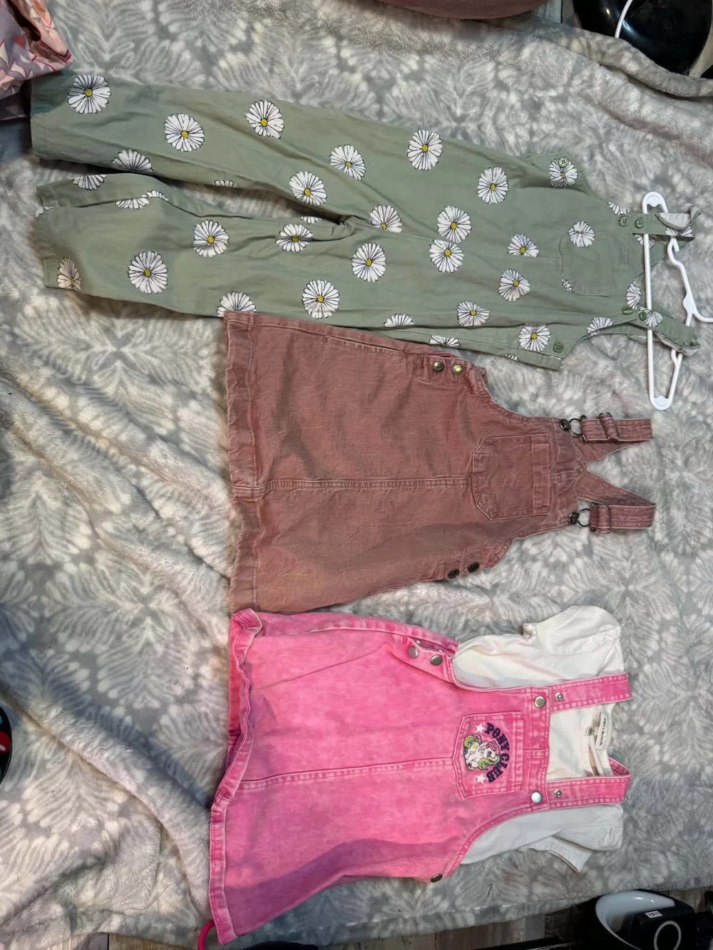 Carter's Green Daisy Jumpsuit + Pink & Rust Overalls Set