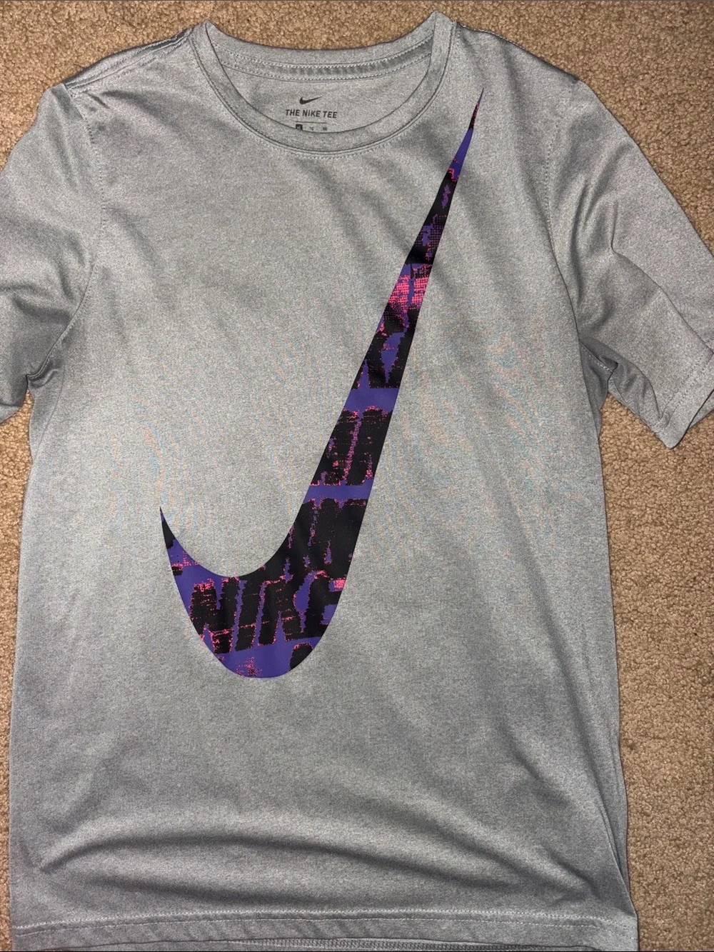 Nike Silver Athletic Tee with Purple and Black Swoosh