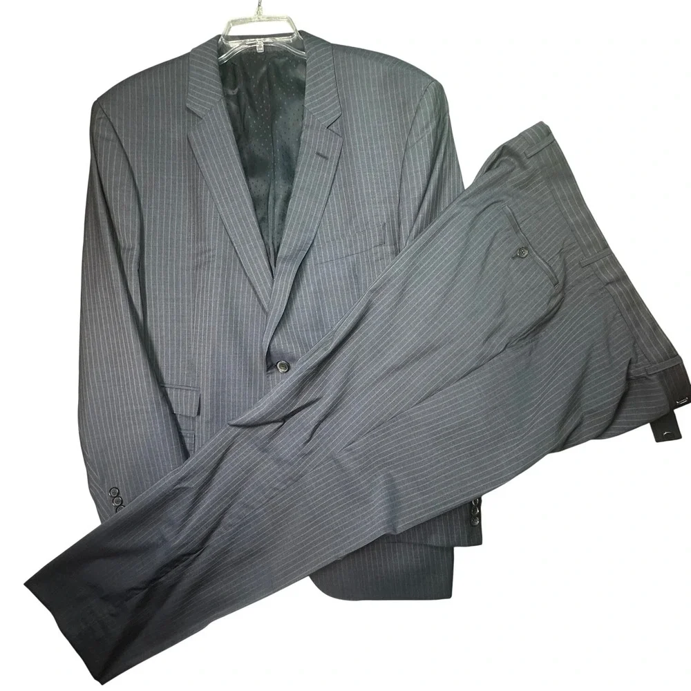 Hugo Boss Mens Pinstripe Suit Charcoal Grey Two Button Blazer Trousers 44R 38W