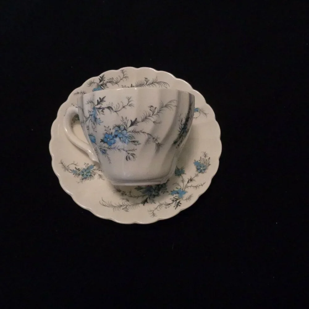 VINTAGE ENGLISH STYLED FLORALS BLUE & WHITE CUP N SAUCER BY MYOTT