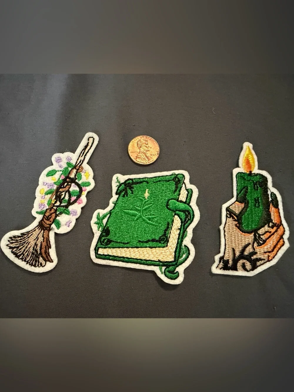 Green Spellbook, Broom, and Candle Embroidered Patches - Witchy