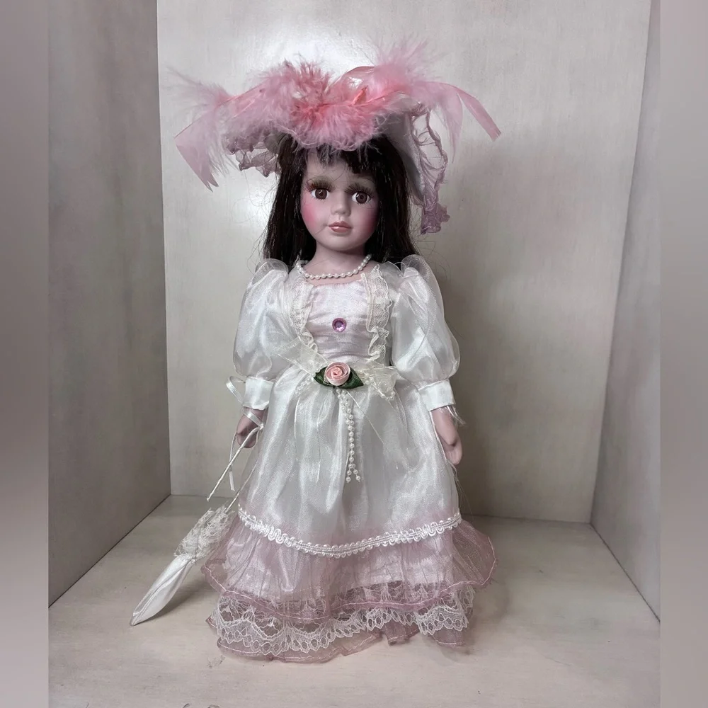 Porcelain Fashion Doll in Pink and White Dress
