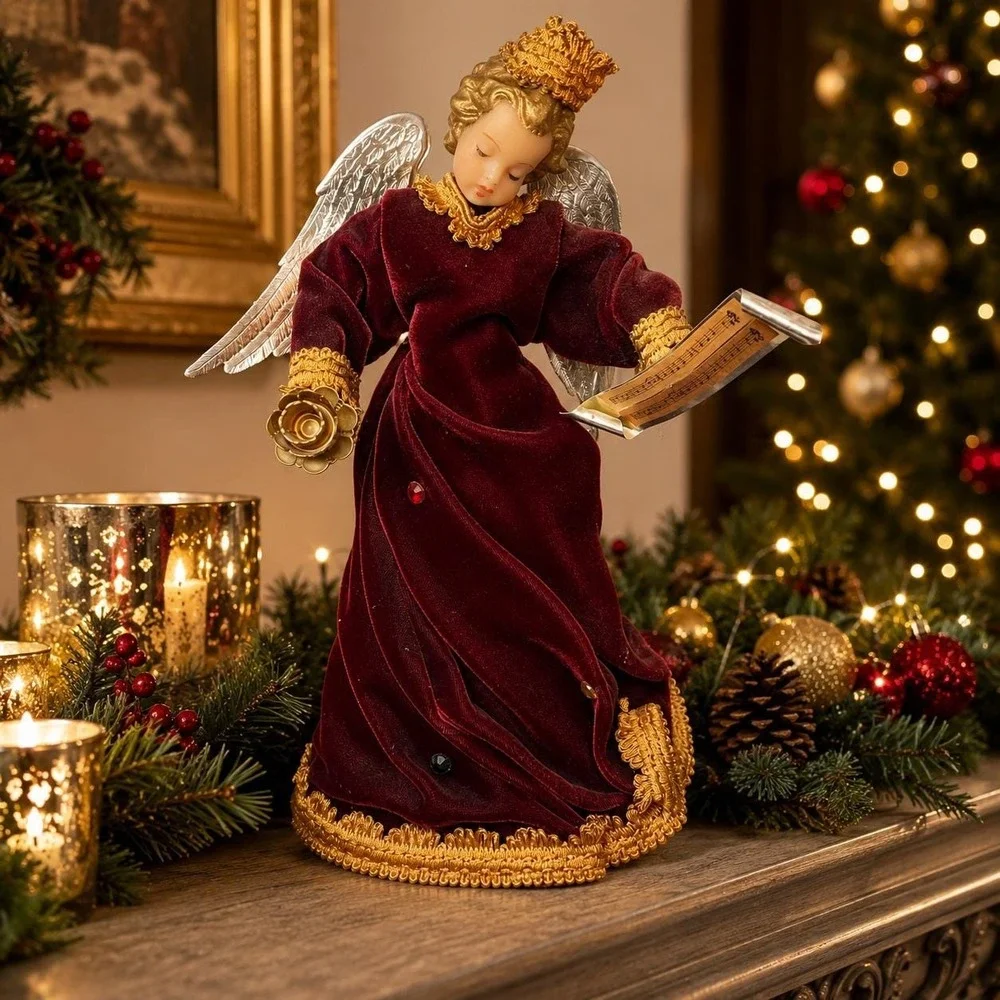 VTG Burgundy Velvet Christmas Angel Figure Gold Rose & Hymnal, 12