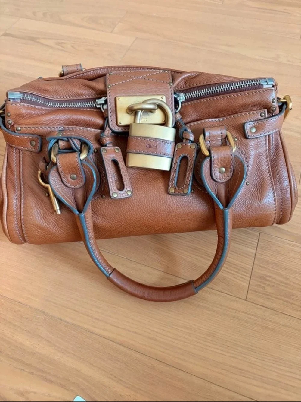 Chloe Tan Brown Leather Satchel with Signature Padlock