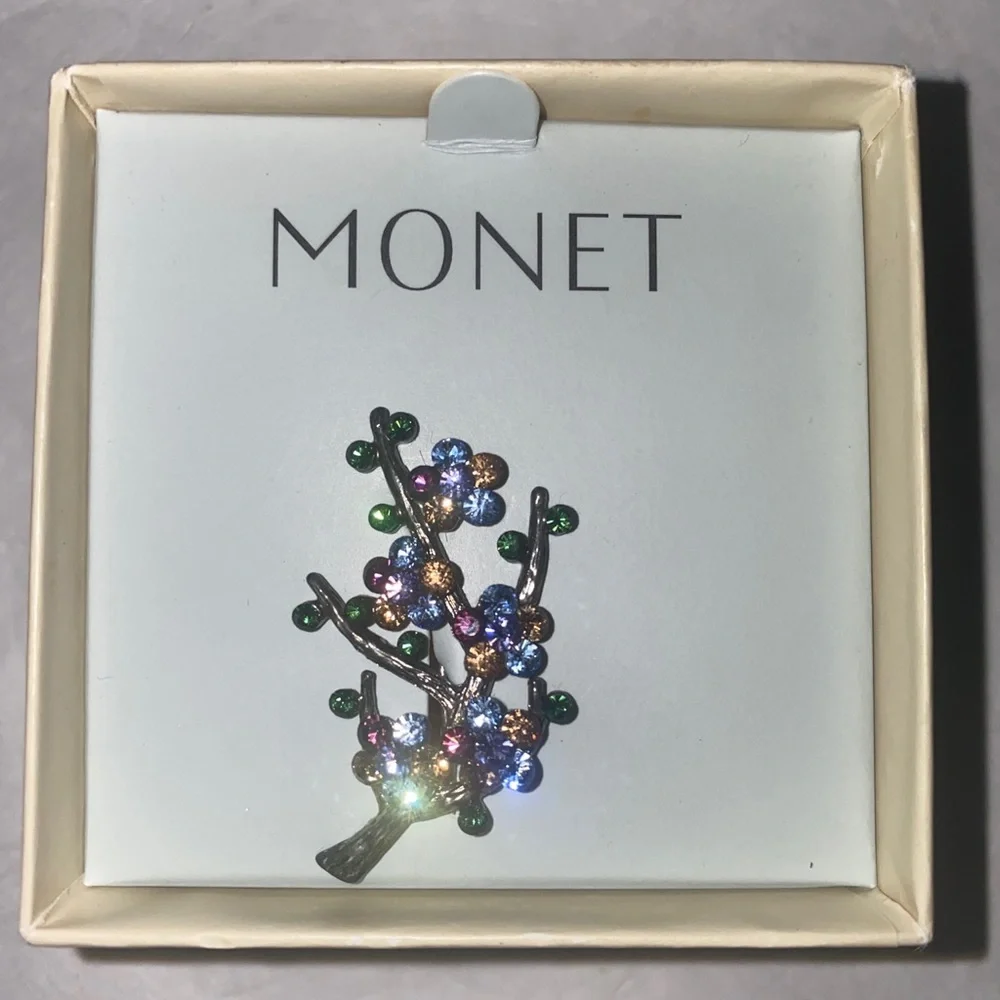 MONET Floral Branch Silver Blue Pink Green Rhinestone Brooch Pin $18 NIB