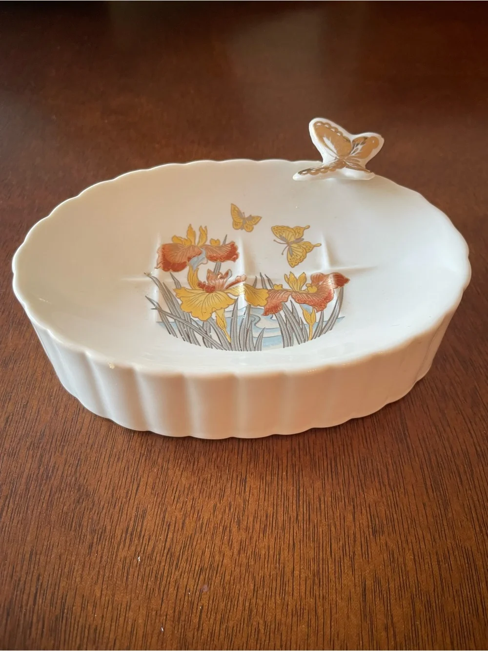 Vintage Porcelain Soap Bar Holder Butterflies & Orchids, Gold, Made in Japan