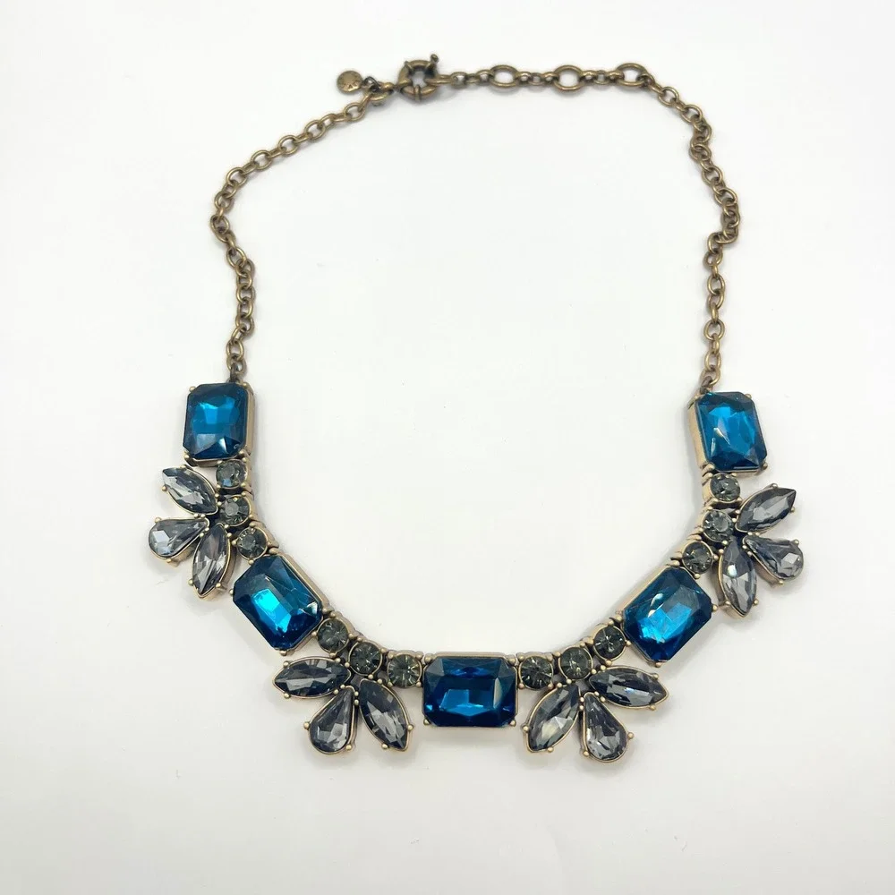 J.Crew Blue Smoky Grey Crystal Statement Bib Necklace Antiqued Brass Tone 18