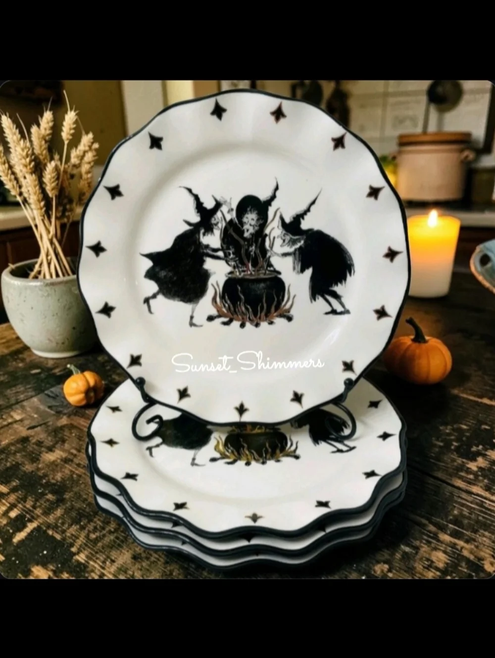 4 Potters Studio Witches Brew Cauldron Halloween Witch Ceramic Dinner Plate Set