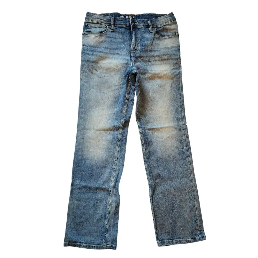 Cat & Jack Boys Jeans Size 16 Husky Blue Straight Leg Stretch Adjustable Staps