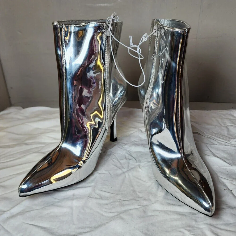 New A New Day Women High Heel Ankle Boots Silver Shiny Pointed Toe Boots Sze 6.5