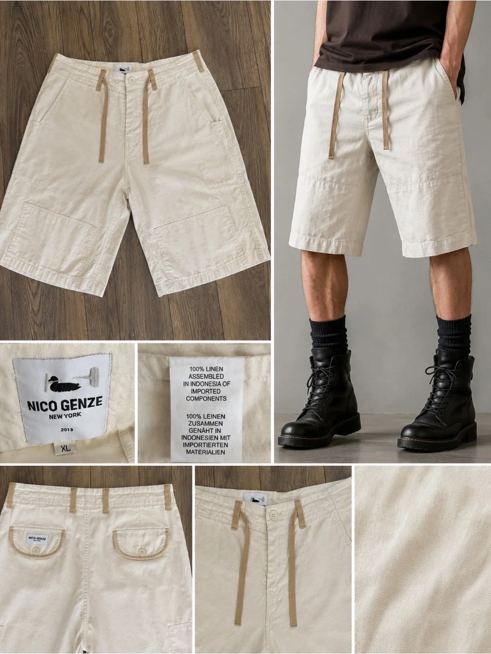 NICO GENZE New York 100% Linen Avant Garde Cargo Shorts XL ivory Artisanal”