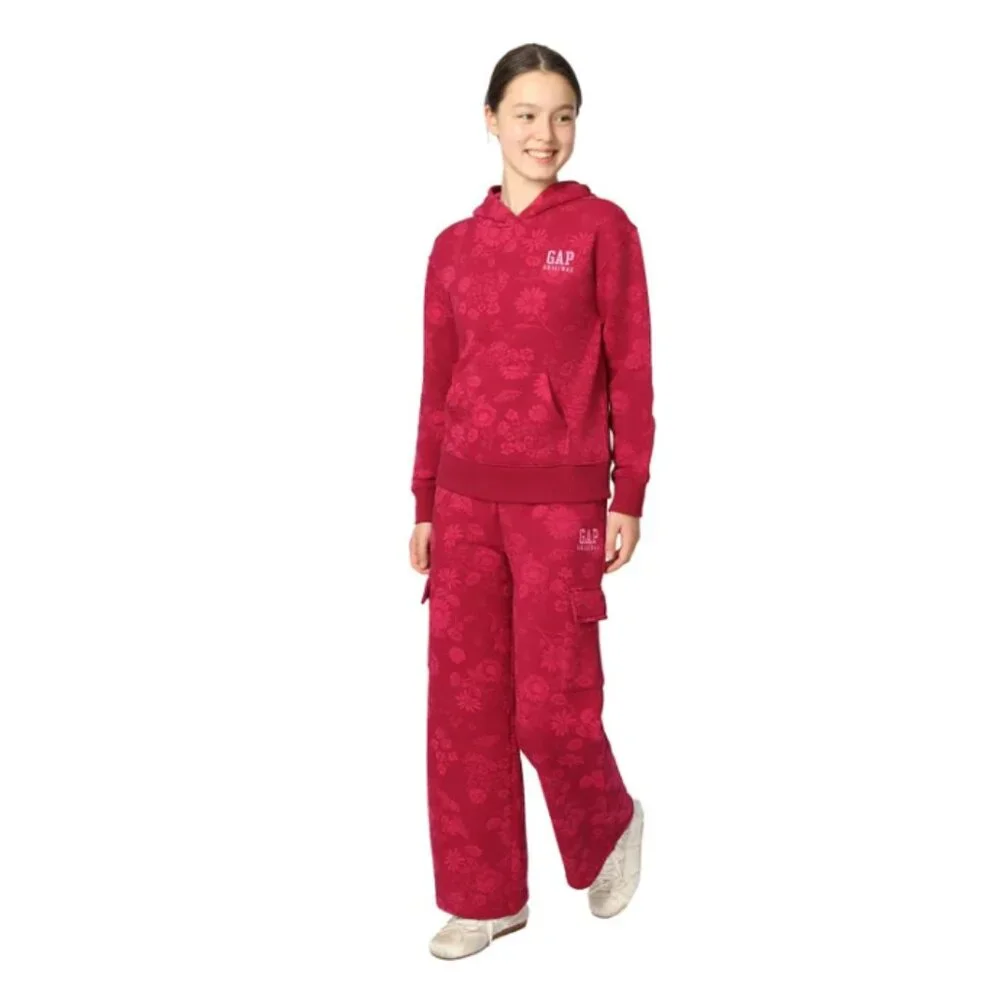 NWT GAP Youth Red Floral Fleece Hoodie and Cargo Pant Set Size Small