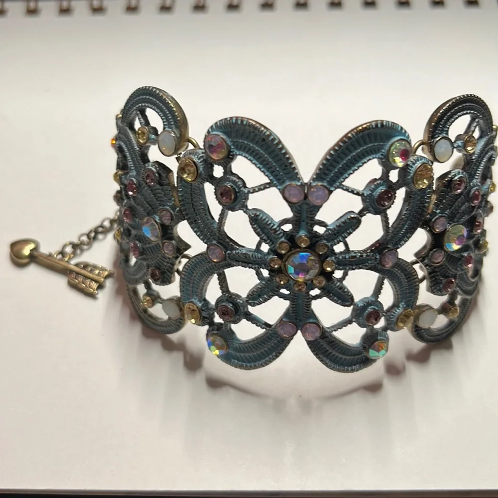 Girlie Grunge Teal Filigree Crystal Cuff Bracelet