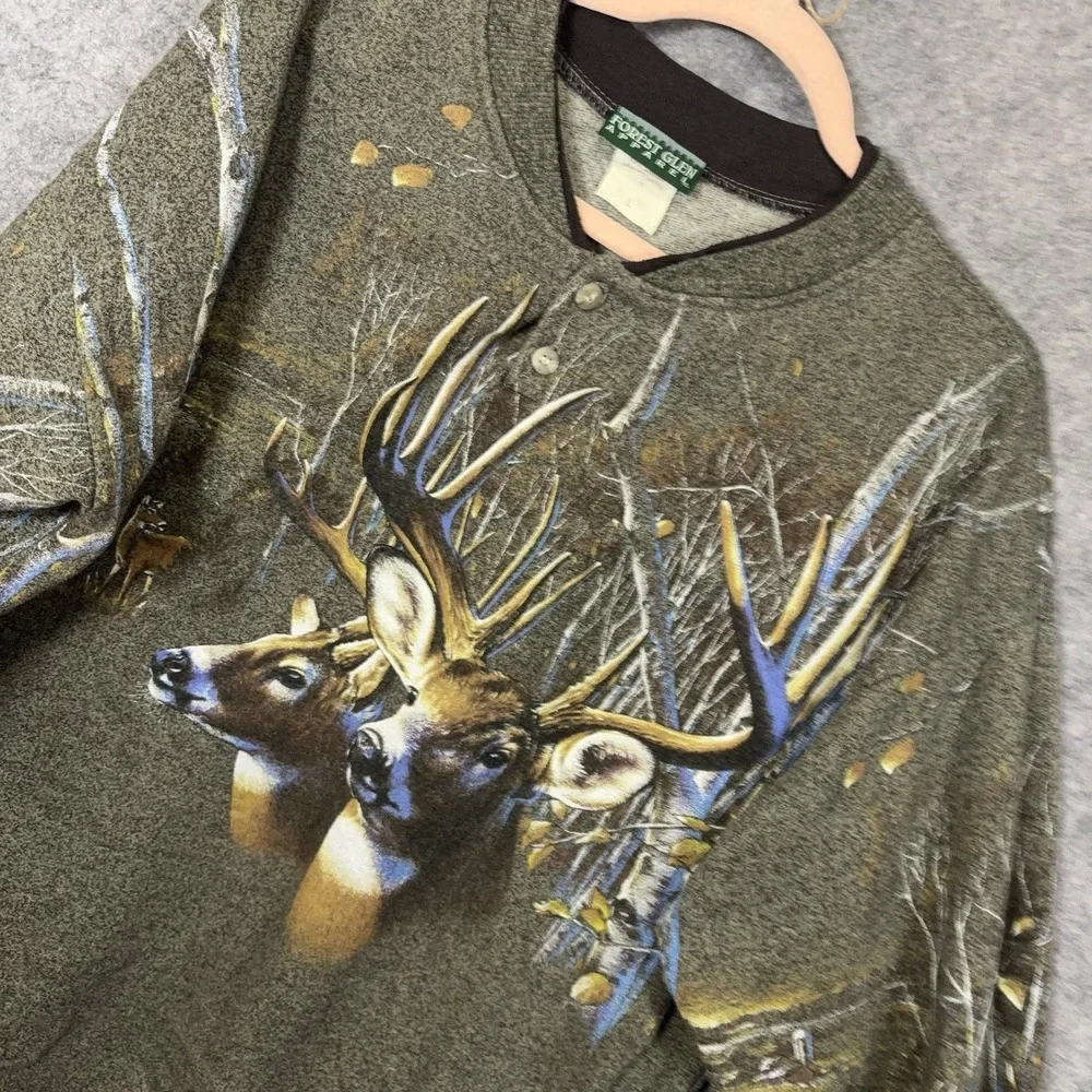 Forest Glen Apparel Henley Sweater Mens Sz L Green Deer Print USA VTG