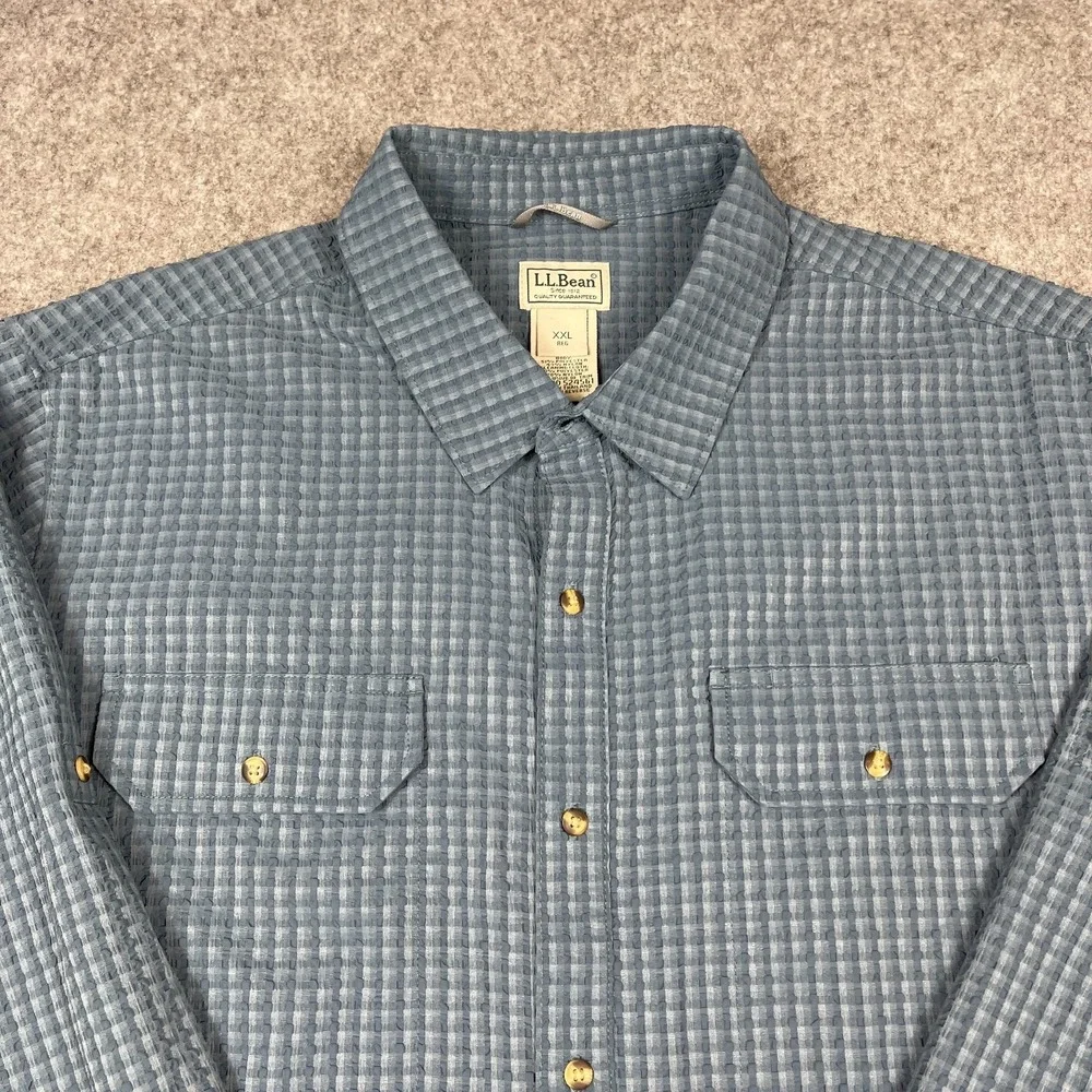 LL Bean No Fly Zone Explorer Shirt‎ Mens XXL Blue Check Plaid Seersucker