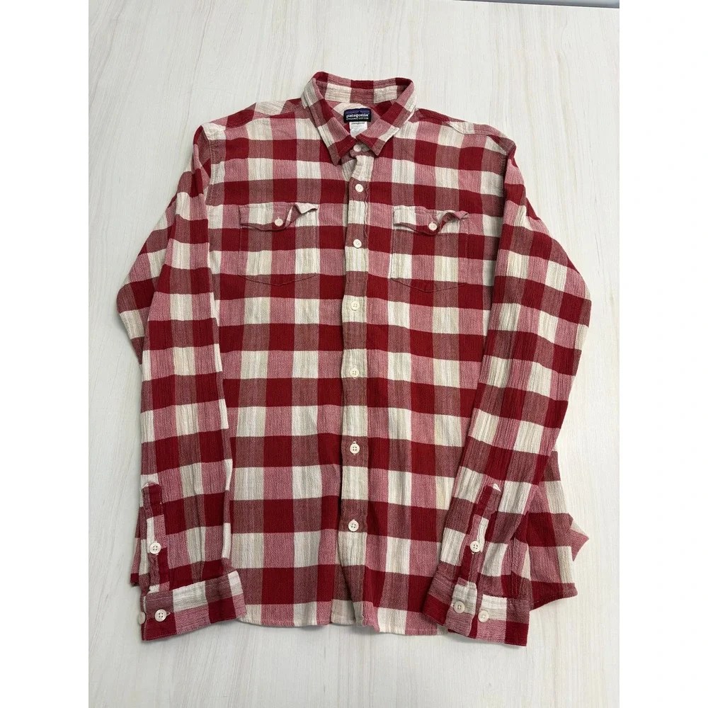 Patagonia Organic Cotton Plaid Flannel Shirt Men's Large Red Button Front