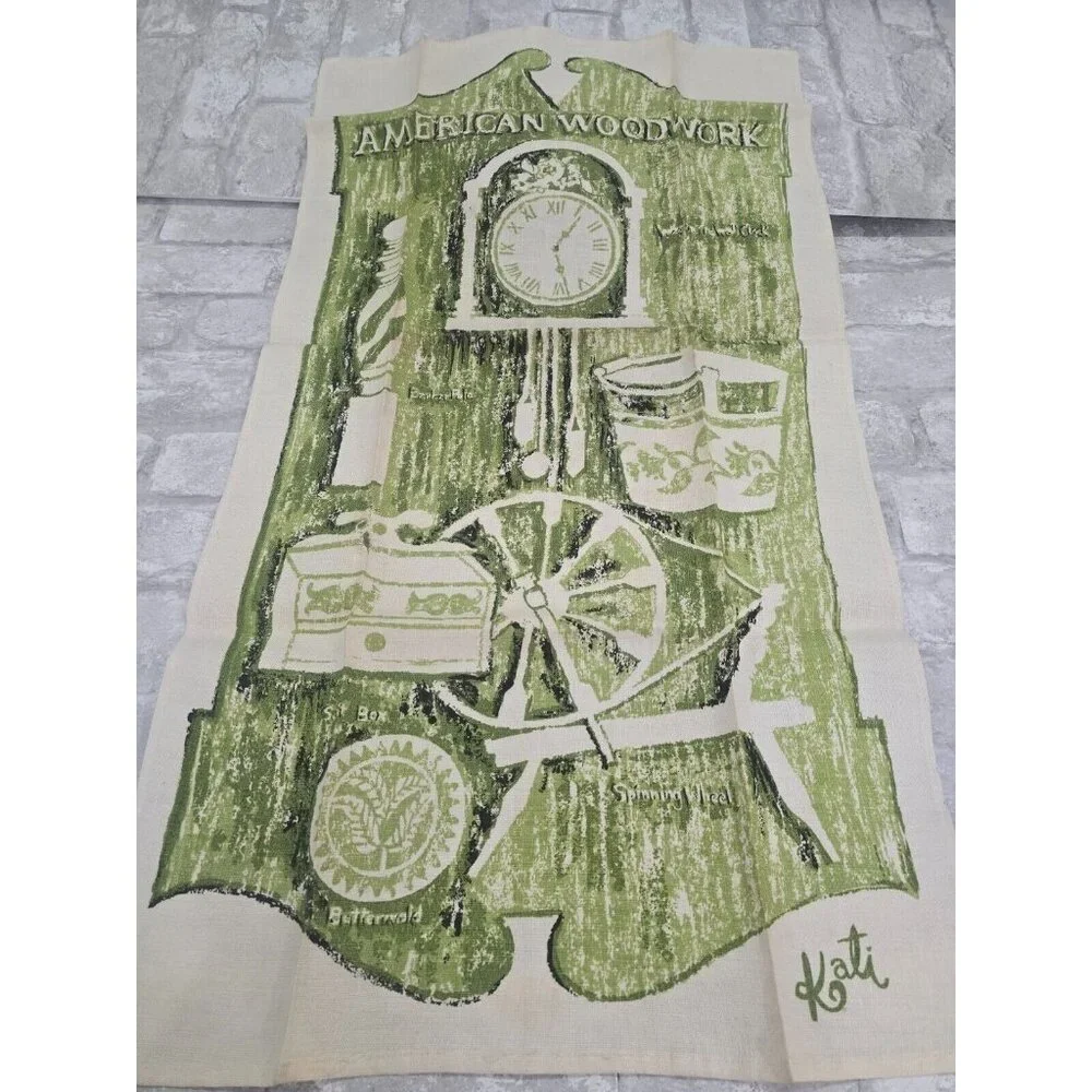 Vtg Linen Tea Towel American Woodwook Signed Kati 29x16
