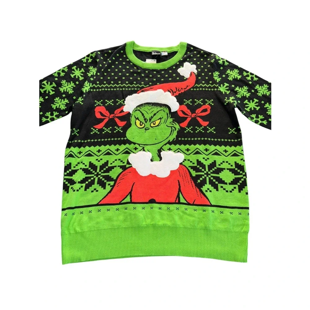 Dr Seuss The Grinch Ugly Christmas Sweater‎ Mens XXL Black Green Fair Isle NEW