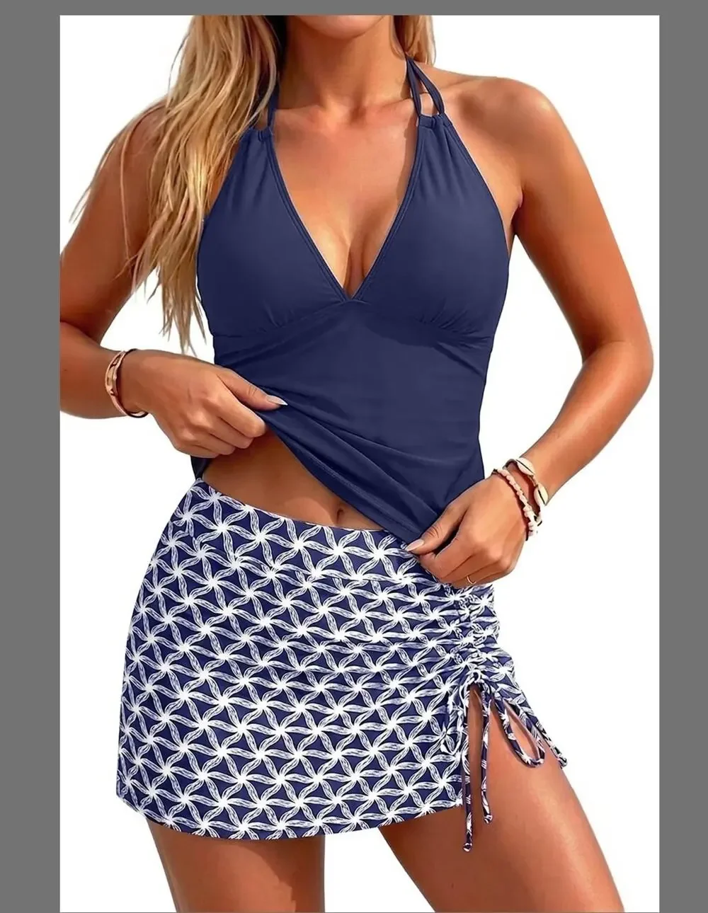 Yonique Women’s 2-Piece Halter Tankini Swim Skirt Tummy Control Navy/White L