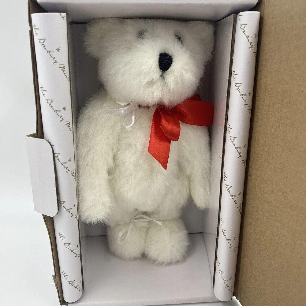 Danbury Mint Jointed Plush Bear.‎ IN BOX. White with Red Bow. Approx. 8