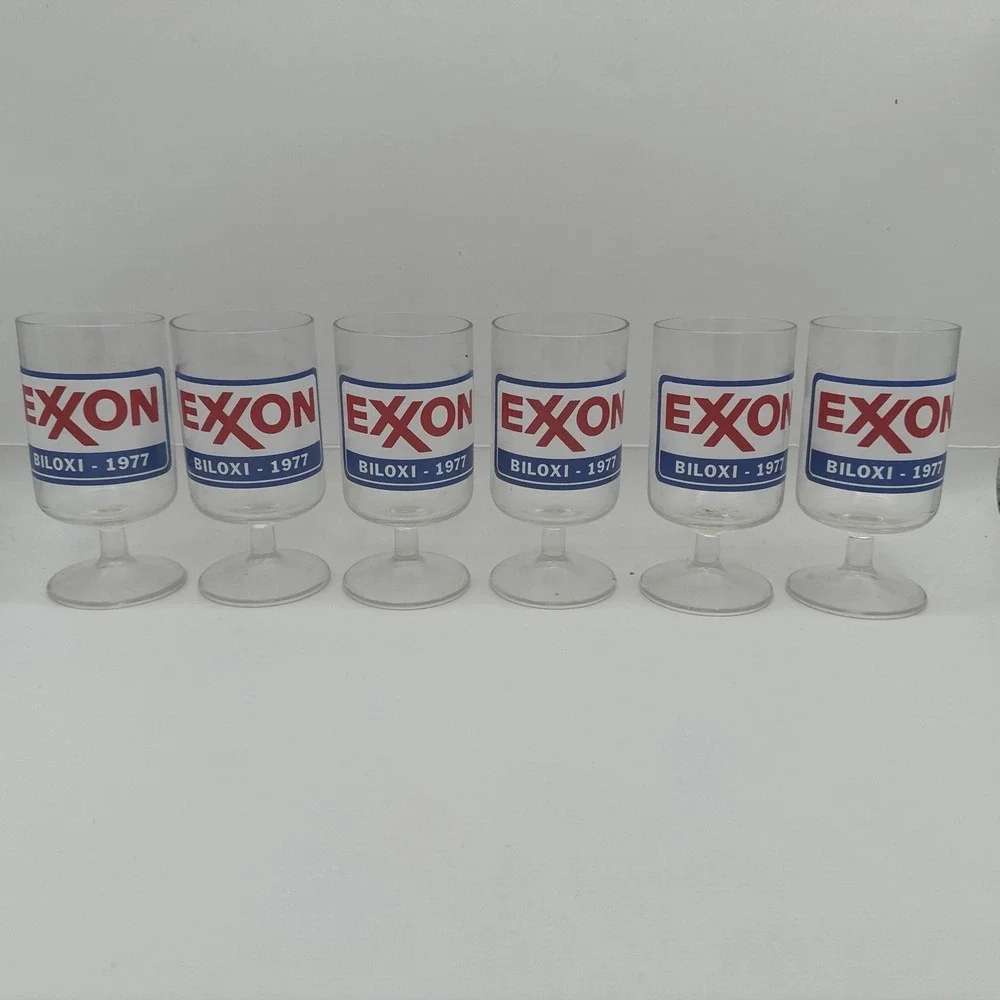 Set of 6 Vintage Exxon Biloxi 1977 Footed Goblet Promo Glasses Gas Station