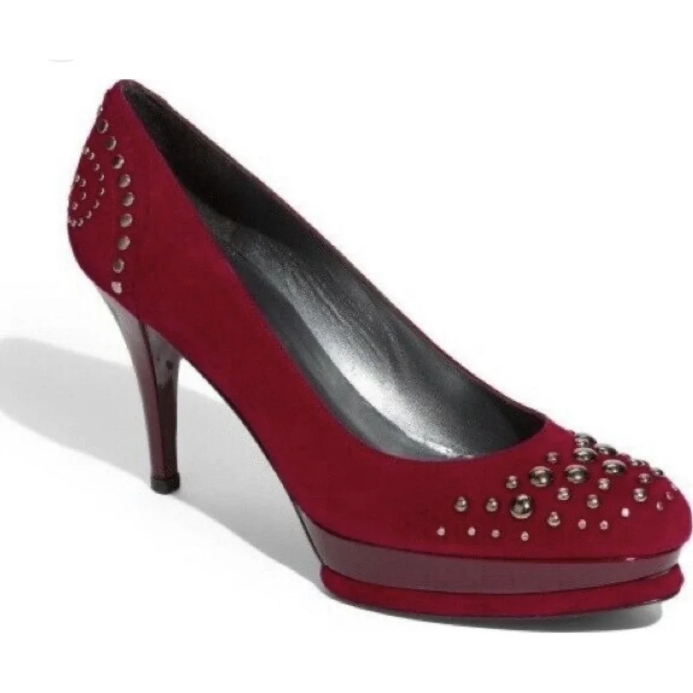 Stuart Weitzman Marse Suede Pump Platform Round Toe Slim Heel Stud Scarlet Red 8