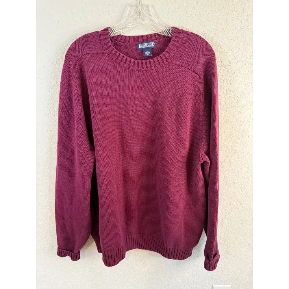 Lands End Burgundy Crew Neck Sweater‎ XL 46 48 Regular Long Sleeve Knit