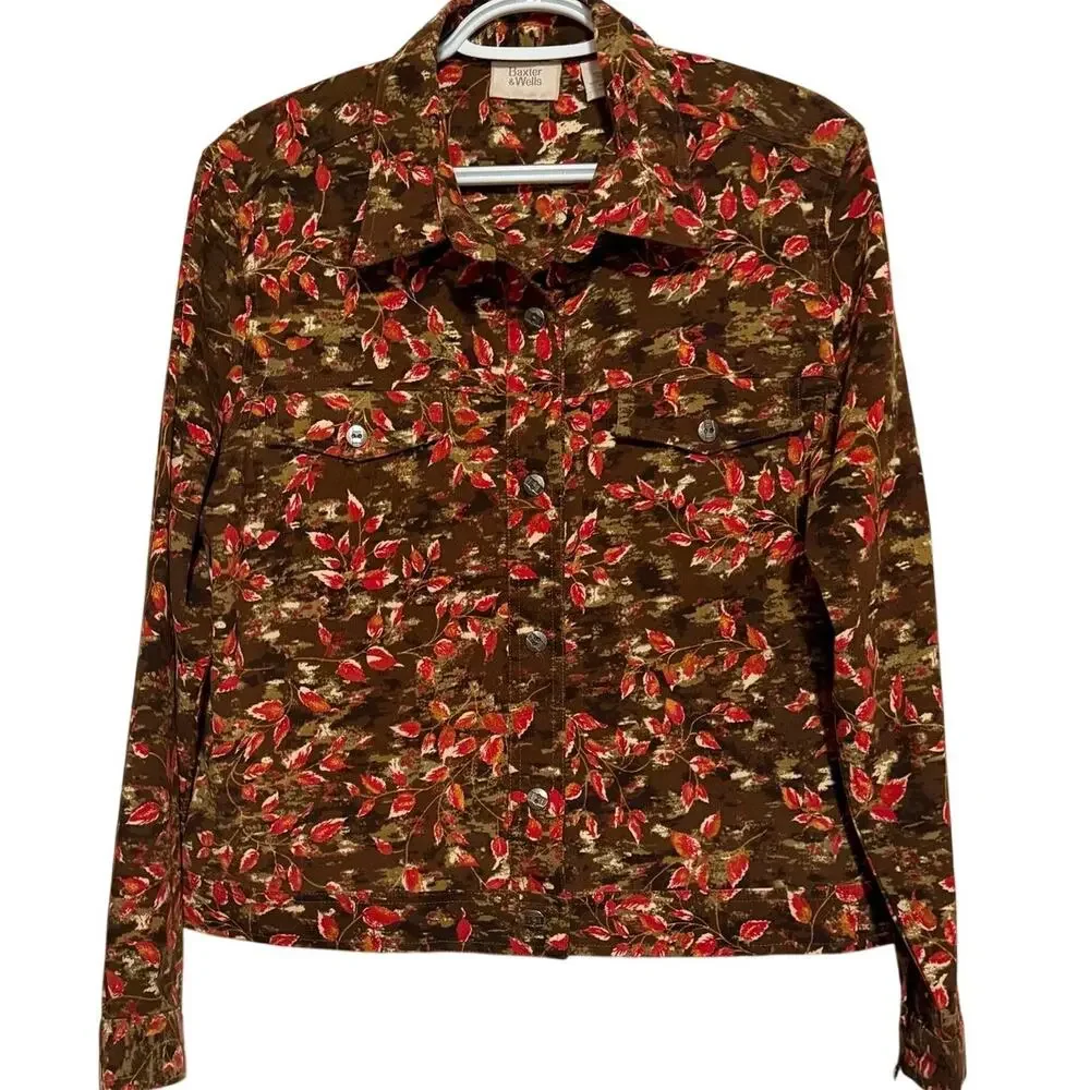 Baxter & Wells Women's Brown Red Leaf Long Sleeve Button Front Shacket Size M