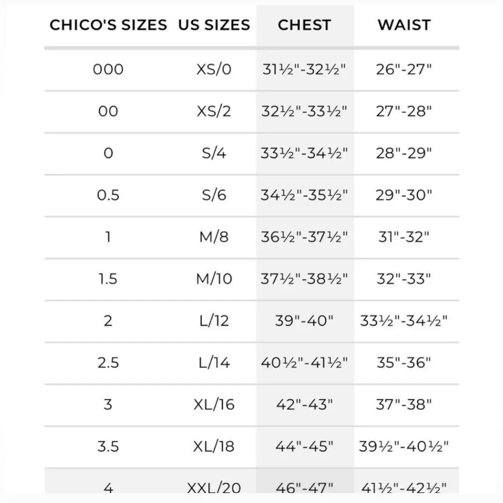 Chicos detailed measurements
