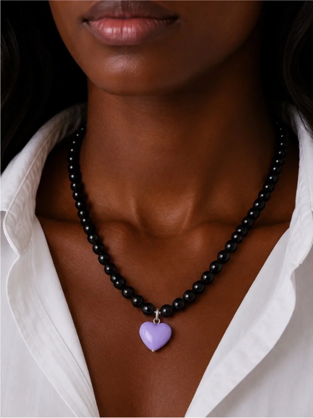 New! Preppy Y2K Colorful Black Beaded Purple Heart Necklace NWOT 4018