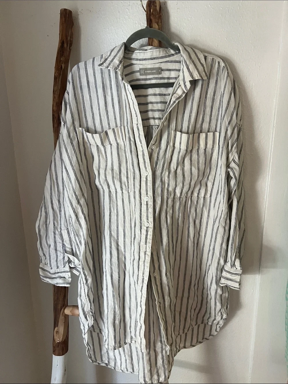 Everlane Oversized White & Gray Black Vertical Stripe Button-Down Linen Shirt M