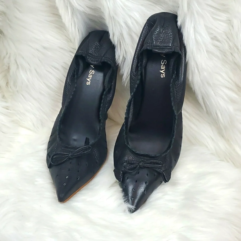 Cindy Says Black Leather Bow Heels Size 8 Slip On Elastic Back Dress  Shoes