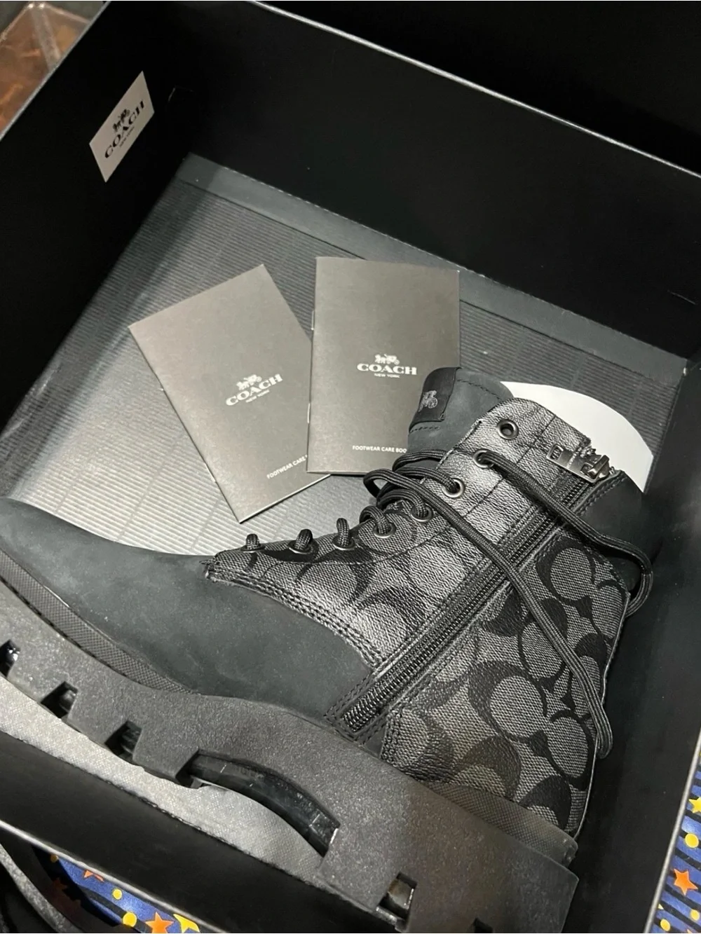 Coach Black Signature Logo Lace-Up Combat Boot