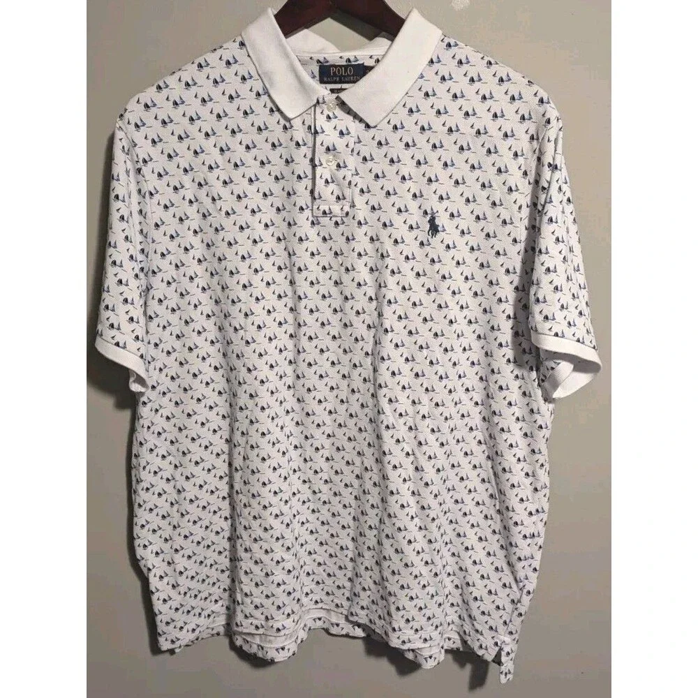 Ralph Lauren Polo Shirt  white W/ Sailboats 2XL Short Sleeve Men's Classic Fit