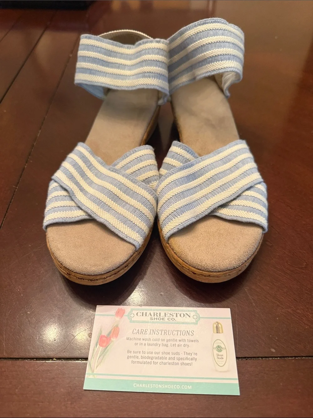 CHARLESTON SHOE CO. Light Blue & White Striped Espadrille Wedges