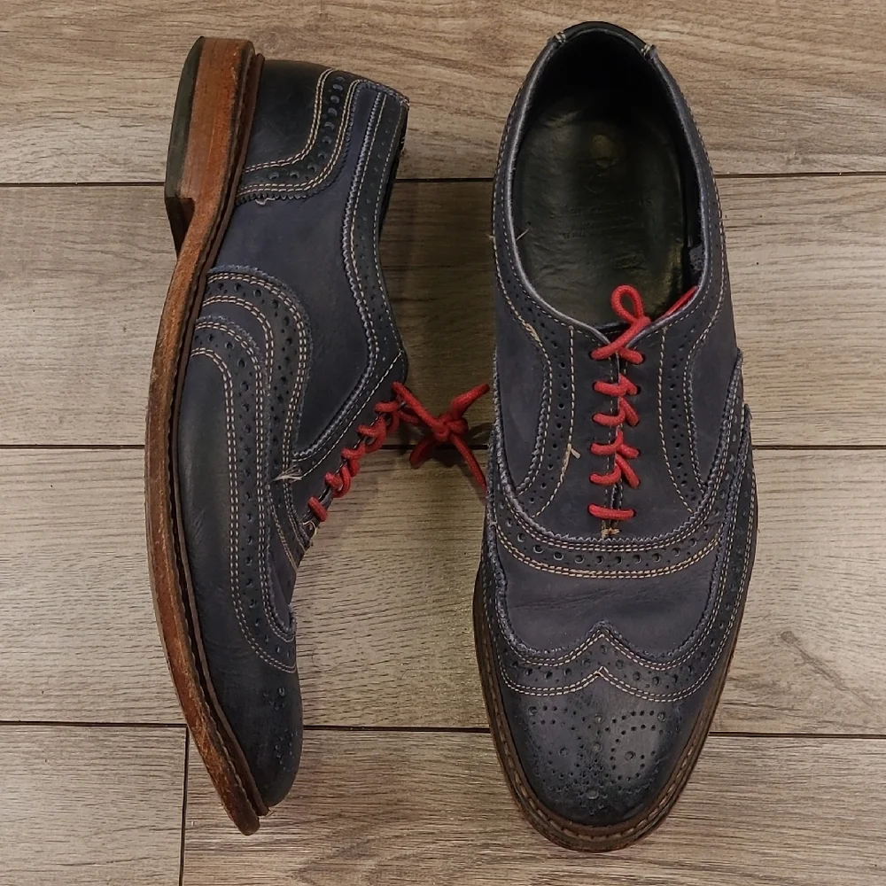 ALLEN EDMONDS Neumok Dark Blue Grey Leather Sz 9.5 D Mens Wing Tip Oxfords Shoes