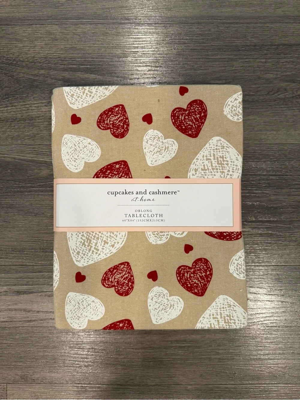 Cupcakes and Cashmere Heart Print Oblong Tablecloth Tan & Red 60
