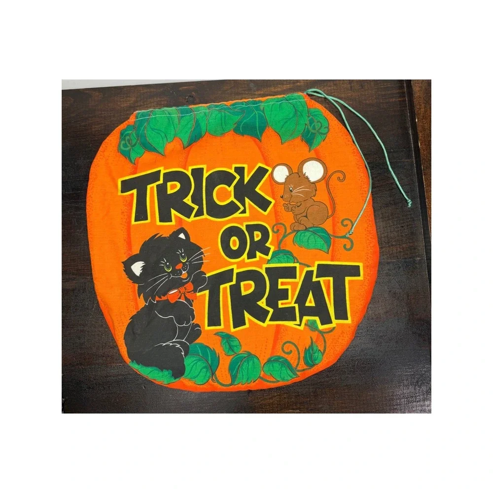 Vintage‎ Halloween Pumpkin Trick or Treat Bag Black Cat Mouse Drawstring