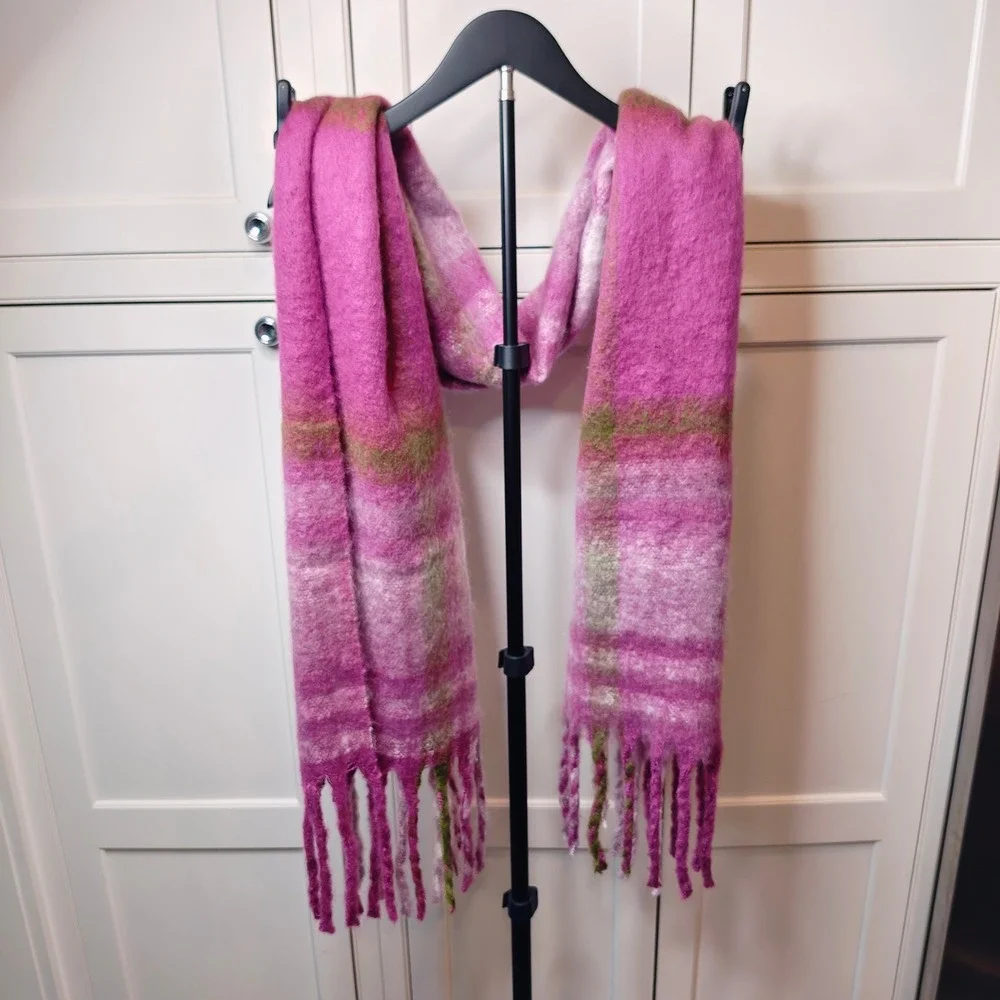 Save the Ocean Pink Plaid Recycled Scarf Oversized Fringe HX-S02 Nordstrom NEW