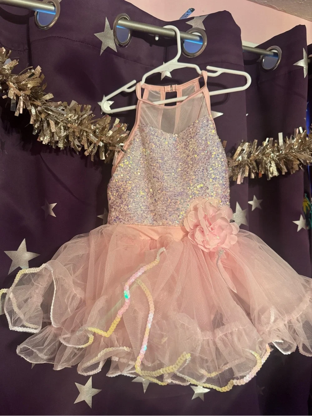 Girls Pink Sequin Tutu Costume Dress with Flower Accent