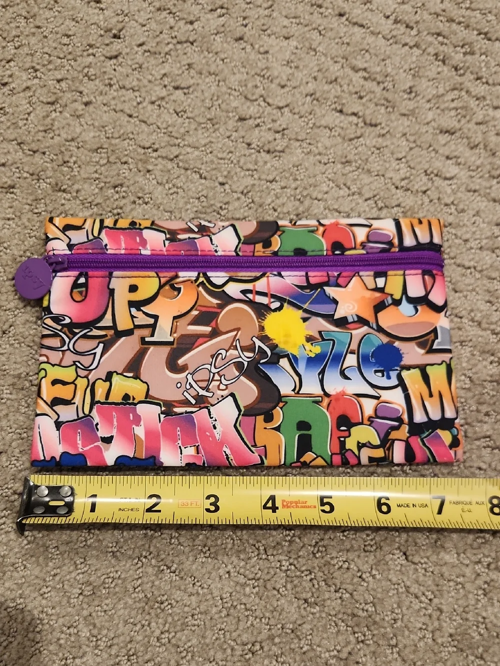 Colorful Graffiti Print Ipsy Zip Pouch with Purple Trim
